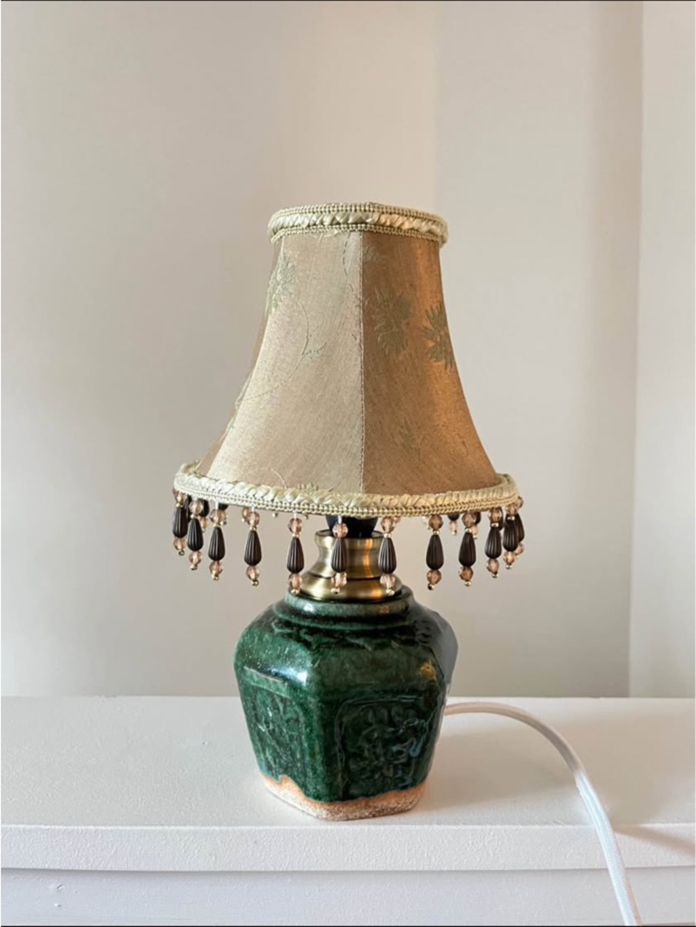 Classic Green Ceramic Table Lamp with Beaded Shade